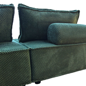 Sofá rinconero modular 4 plazas en terciopelo texturizado verde Stava zoom trasera y terciopelo texturizado