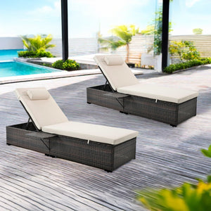 Lote de 2 tumbonas reclinables de resina tejida Punta Cana beige y marrón con estante plegable