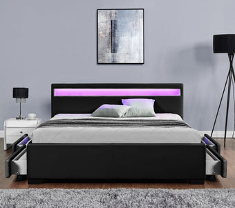 Cama led de diseño 160x200 de imitación de cuero negra con cajones Enfield