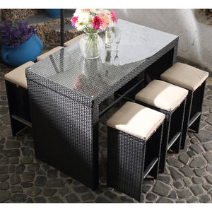 Mesa de bar y 6 taburetes de resina trenzada Palma