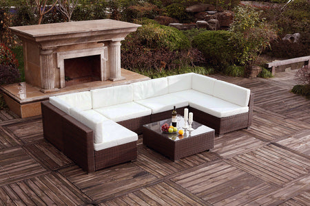 Gran conjunto de jardín de resina trenzada para 6 personas Marrón y blanco