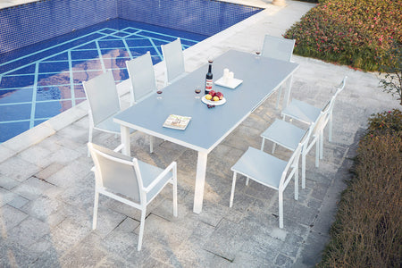 Mesa de jardín extensible para 8 personas con 2 sillones y 6 sillas de aluminio