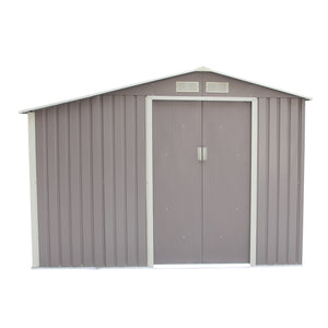Caseta de jardín de acero anticorrosión gris con leñera techada 3,53 m² sobre fondo blanco