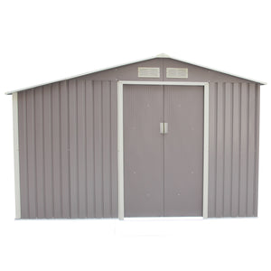 Caseta de jardín de acero anticorrosión gris con leñera techada 8,72 m² sobre fondo blanco