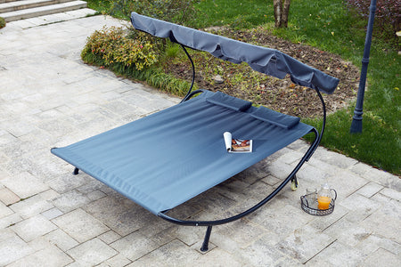 Tumbona para 2 personas con sombrilla gris