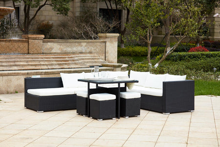 Conjunto de jardín encastrable de resina trenzada Negro y Blanco para 10 personas