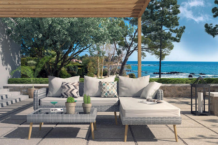 Conjunto de jardín escandinavo de 4 plazas de resina trenzada gris con chaise longue