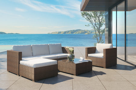 Conjunto de jardín de 6 plazas de resina trenzada Marrón y blanco