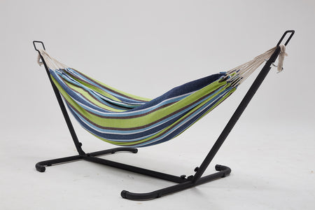 Hamaca con lona de tejido y soporte de 2,6 m sobre fondo blanco Azul y verde