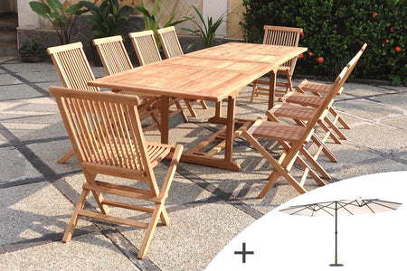 Conjunto de jardín rectangular de teca Kajang 10 y sombrilla doble Venice crudo