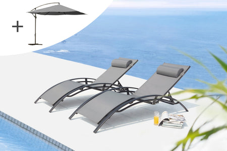 Tumbonas gris/negro x2 y sombrilla excéntrica gris