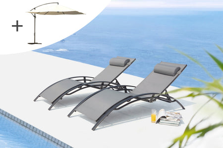 Tumbonas gris/negro x2 y sombrilla excéntrica crudo