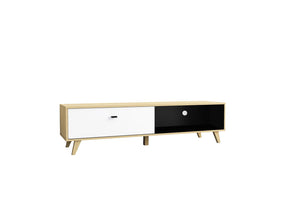Mueble de TV de madera natural y color blanco con cajón sobre fondo blanco Kajani