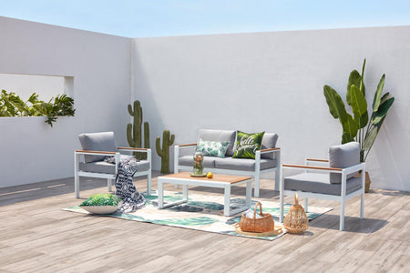 Conjunto de jardín bajo de madera y aluminio blanco de 4 plazas