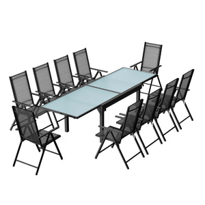 Conjunto de jardín de aluminio con mesa extensible + 10 sillas de textileno