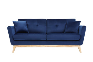 Sofá de estilo escandinavo terciopelo Hoga Azul sobre fondo blanco