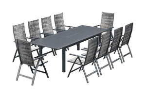 Mesa de jardín extensible para 10 personas y 10 sillas de aluminio