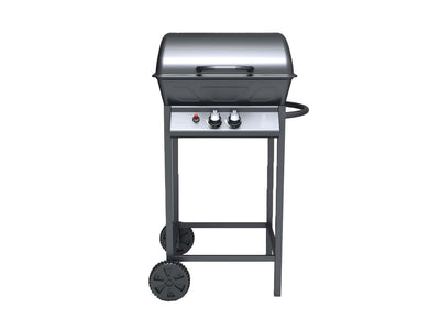 Barbacoa de gas con 2 quemadores + utensilios sobre fondo blanco