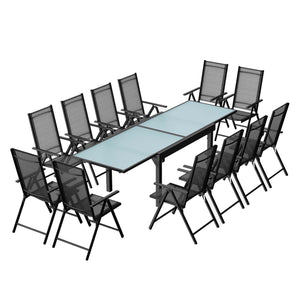 Conjunto de jardín de aluminio con mesa extensible + 12 sillas en textileno