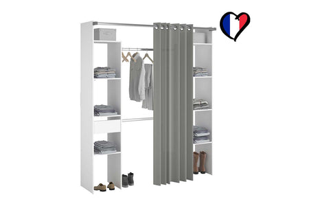 Vestidor con cortina + 2 armarios + 6 estantes + 1 cajón Elysée blanco
