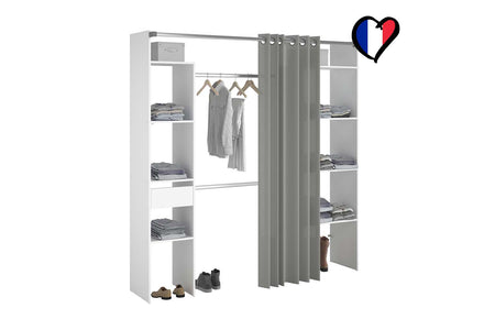 Vestidor con cortina gris + 2 armarios + 6 estantes + 1 cajón Elysée blanco