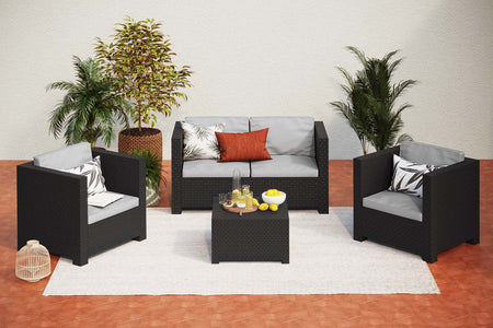 Conjunto de jardín Gris de 4 plazas con efecto de resina inyectada + baúl