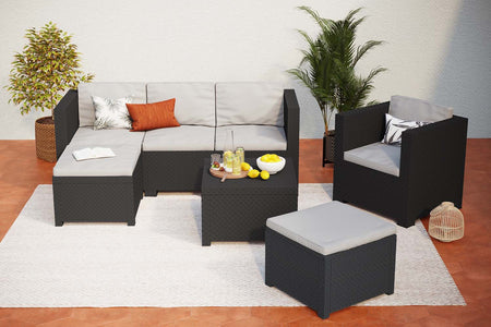 Mueble de jardín de resina trenzada negra y gris de 6 plazas Manhattan