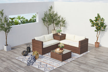 Conjunto de jardín de resina trenzada para 4 personas Sillang Marrón y blanco