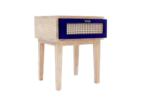 Mesa de noche de madera, cajón de ratán