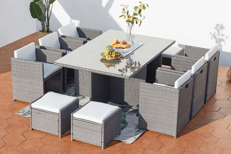 Conjunto de jardín encastrable para 10 personas de resina trenzada Gris y Blanco