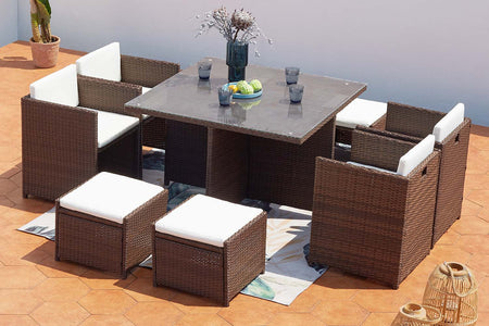 Conjunto de jardín encastrable para 8 personas en resina trenzada Marrón y Blanco
