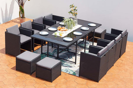 Conjunto de jardín encastrable para 12 personas en resina trenzada Negro y Gris