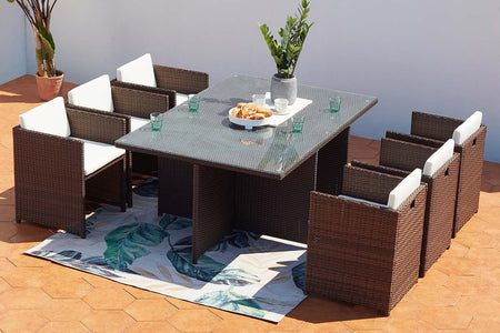 Conjunto de jardín encastrable para 6 personas en resina trenzada Marrón y Blanco