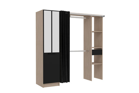 vestidor de madera industrial con cortina negra