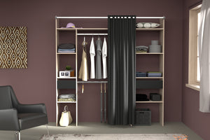 Vestidor con cortina Elysée madera + 2 armarios + 6 estantes + 2 cajones