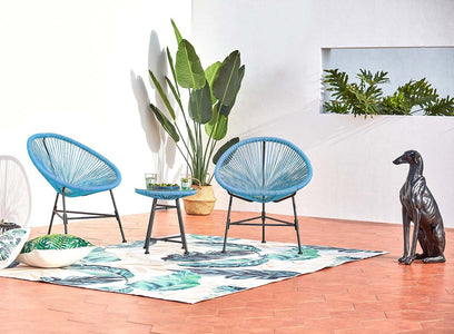 Juego de 2 sillones huevo + mesa de centro azul