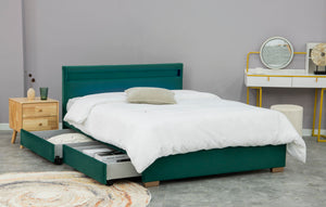 Estructura de cama verde de terciopelo con almacenamiento y LED 140x190 cm