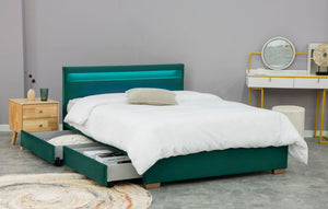 Estructura de cama de terciopelo con almacenamiento y LED verde