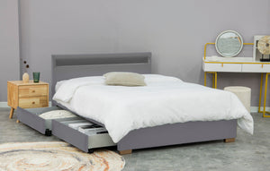 Estructura de cama de terciopelo con almacenamiento y LED gris 140x190