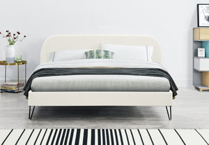 Estructura de cama de terciopelo beige y patas negras de 160