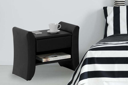 Mesita de noche de imitación de cuero negra 1 cajón y 1 estante Linden